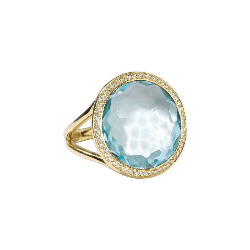 Hammered gold engagement rings-Medium Ring in Blue Topaz with Diamond Halo