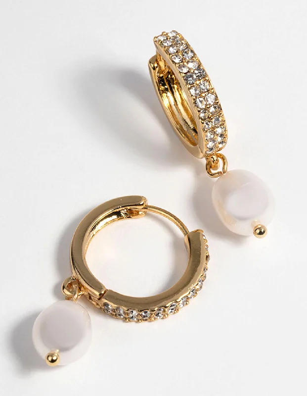 Layered drop earrings-Gold Plated Huggie Hoop Earrings with Freshwater Pearls