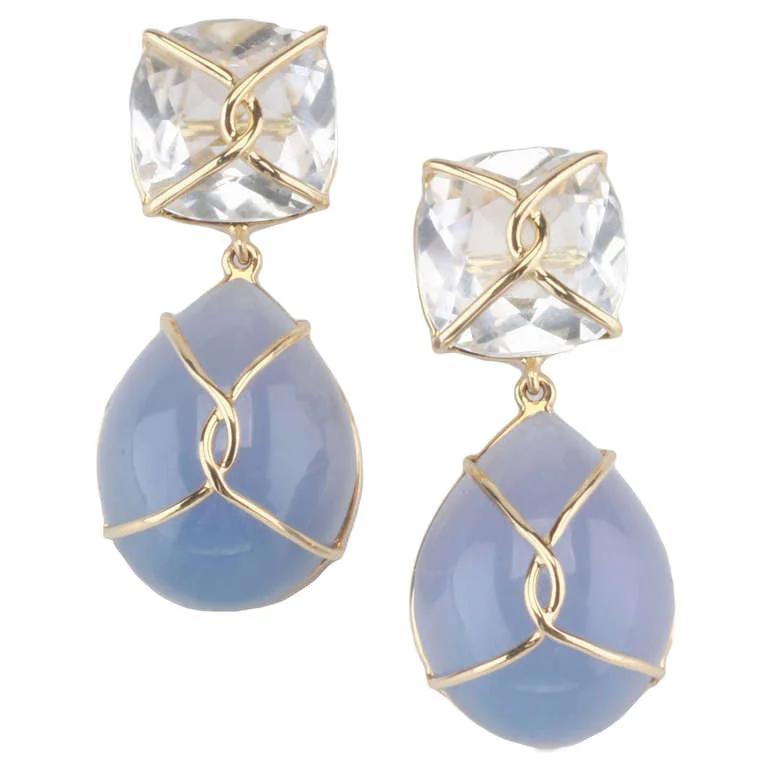 Sleek stud earrings-18kt Yellow gold Wrapped Drop Earrings with Rock Crystal and Cabochon Chalcedony