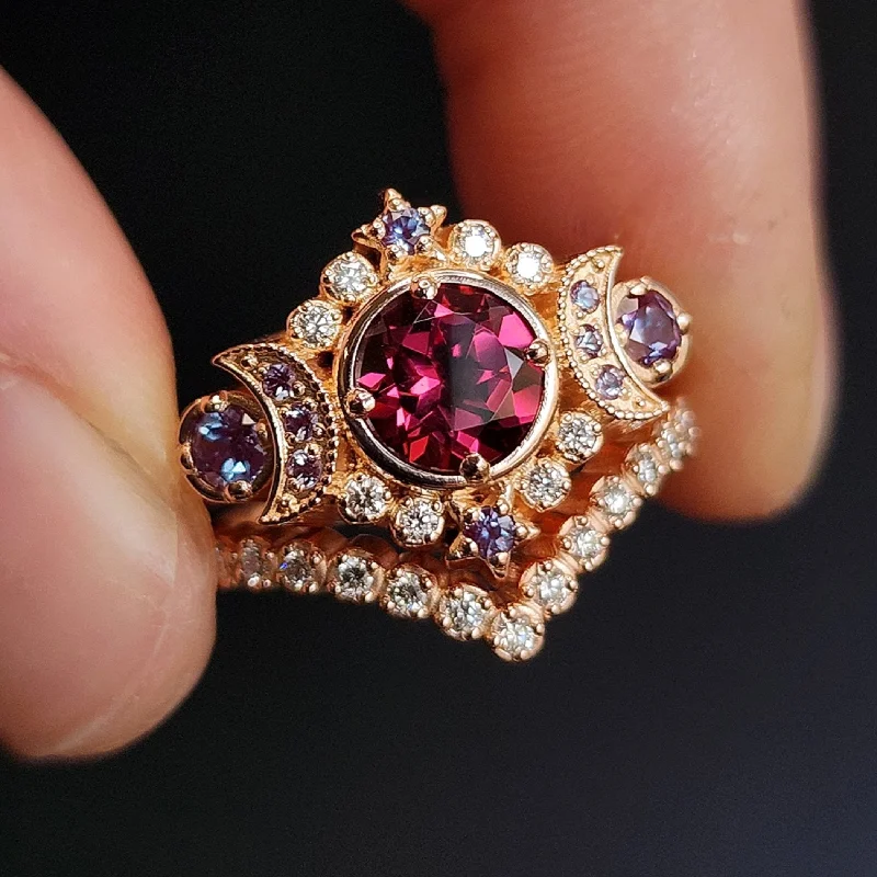 Ready to Ship Size 6 - 7 - Selene Moon Goddess Ring Set - Rhodolite Garnet with Chatham Alexandrite and  White Diamonds - 14k Rose Gold with Pave Diamond Chevron