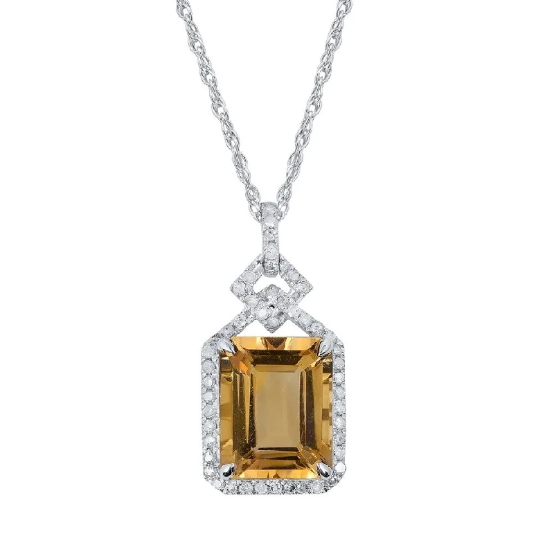 Ruby pendant necklaces-Viducci 10k White Gold Genuine Emerald-cut Citrine and 1/4ct Diamond Halo Necklace