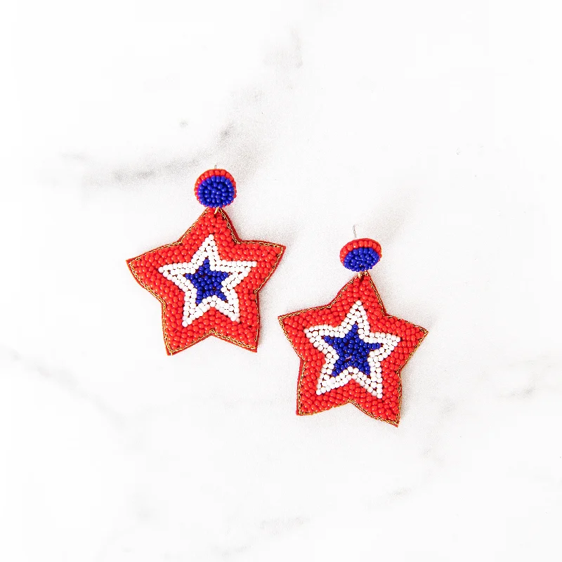 Wide bar earrings-Patriotic Beaded Star Earrings