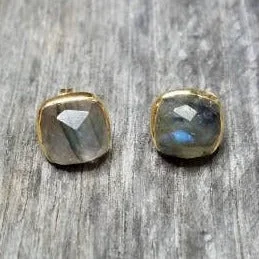 Topaz stone earrings-Gold Cushion Labradorite Stud Earrings