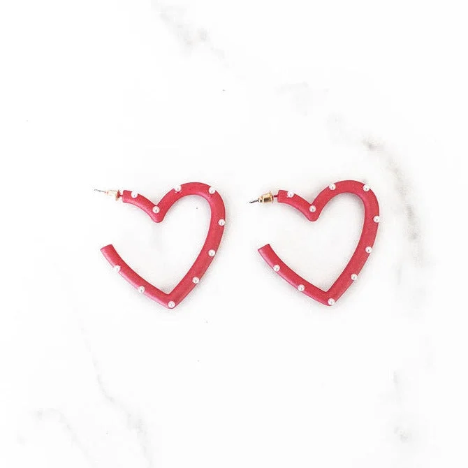 Light clay earrings-Red and White Open Heart Earrings