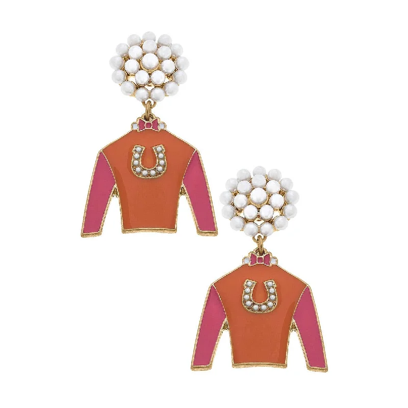 Rough texture earrings-Canvas Style - Riva Ridge Jockey Silk Enamel Drop Earrings in Orange & Pink