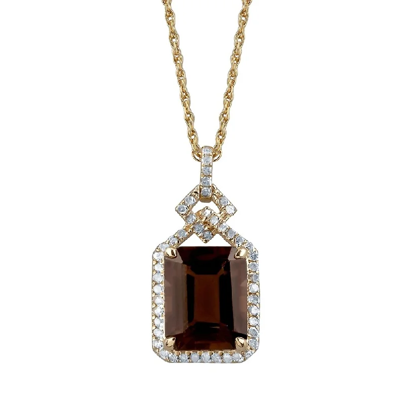 Multi-layer necklaces-Viducci 10k Yellow Gold Genuine Emerald-cut Smoky Quartz and 1/4ct Diamond Halo Necklace