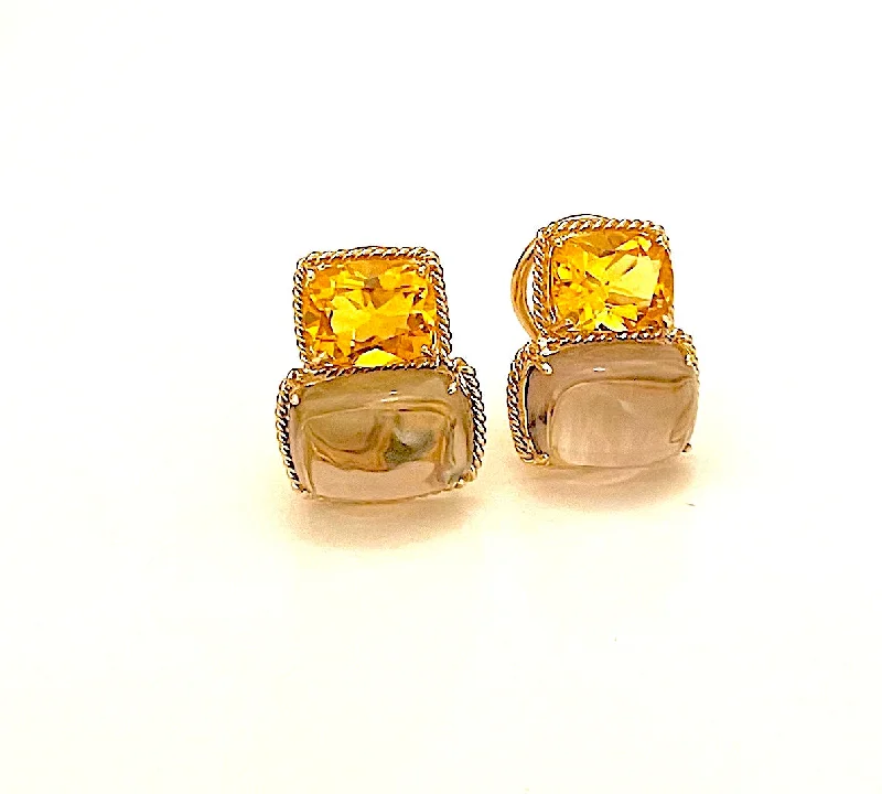 Deco design earrings-18kt Yellow Gold Cushion Rope Twist Border Earring with Citrine and Smoky Topaz