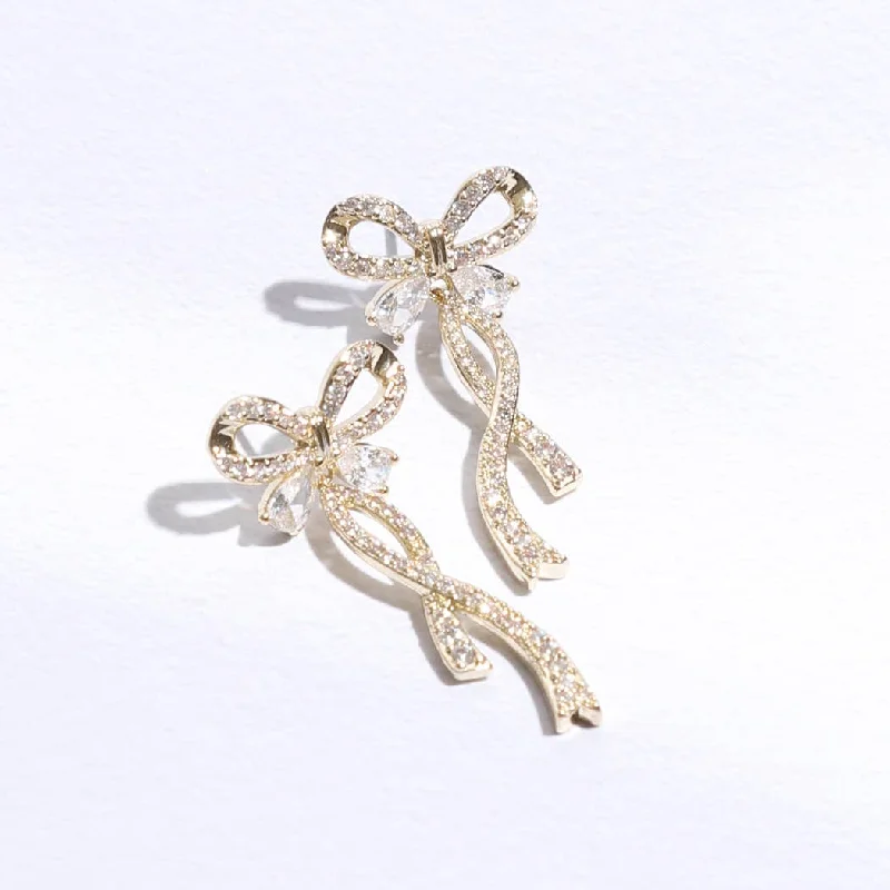 Subtle dangle earrings-Long Tail Gold Ribbon CZ Post Earrings