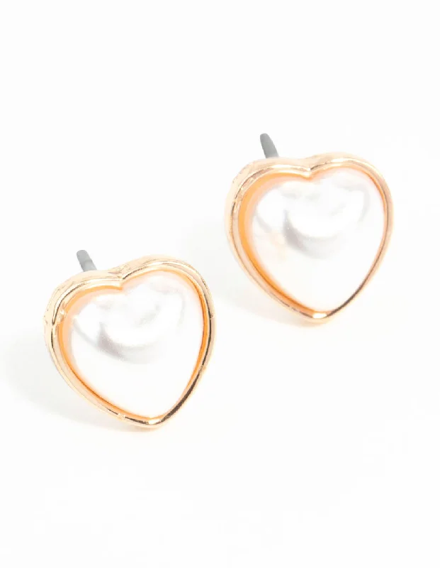 Tiny wing earrings-Gold Mini Pearl Heart Stud Earrings