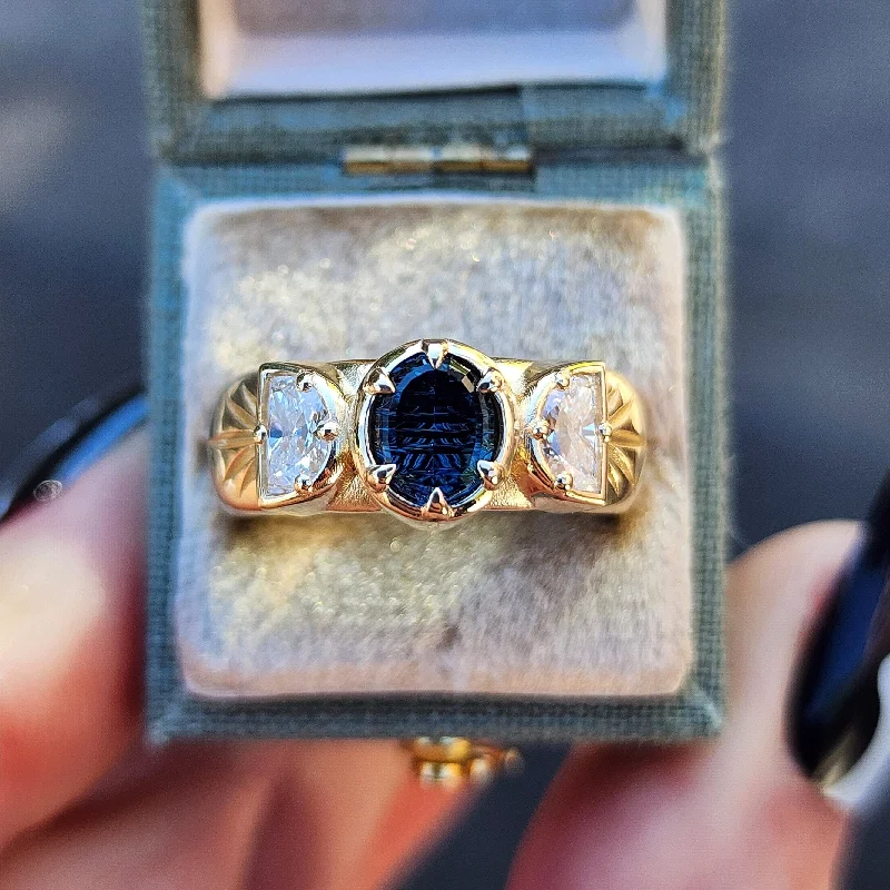 READY To SHIP Size 6-8 - Eva Witch - Teal Oval Australian Sapphire and Lab Diamond Half Moon Engraved Wide Band Ring - 14k Yellow Gold