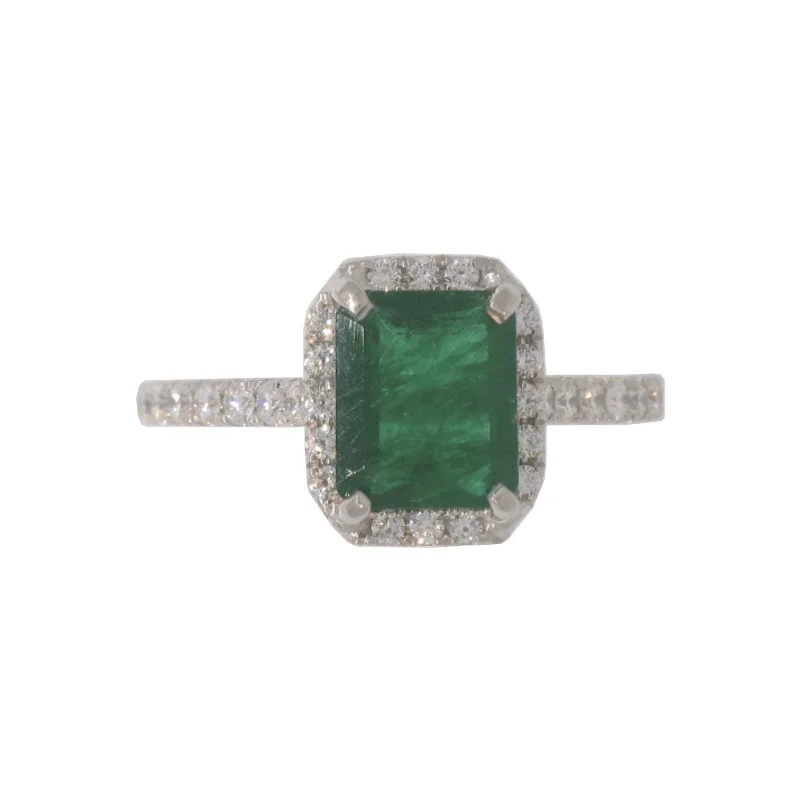 Solitaire gold engagement rings-Emerald and Diamond Halo Ring