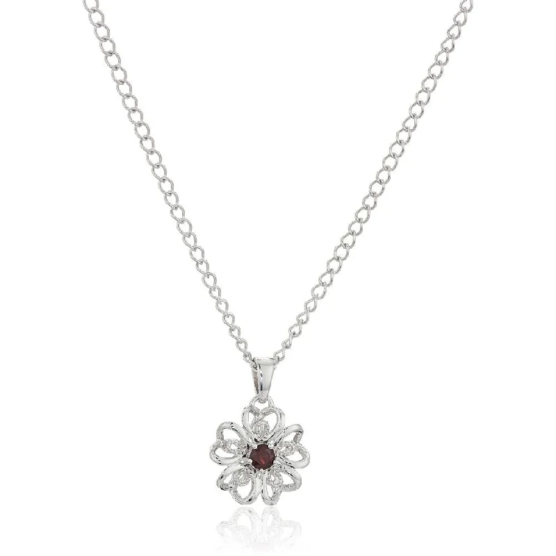 Lapis drop necklaces-Sterling Silver Red Garnet Black Flower Pendant Necklace, 18"