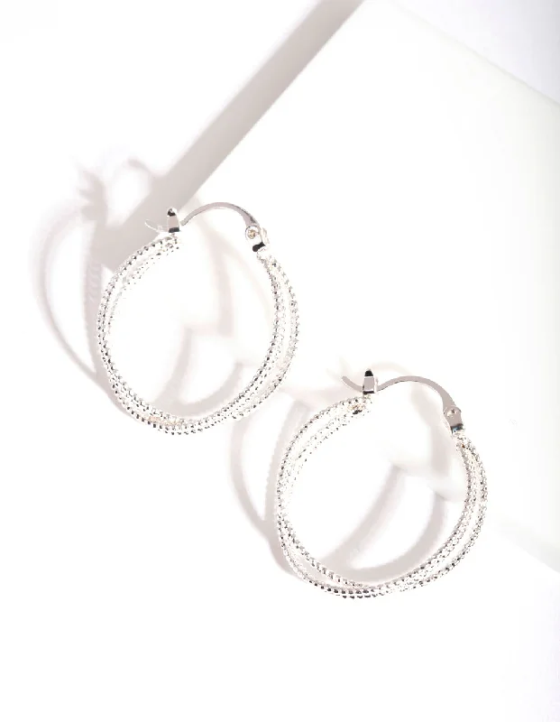 Astro charm earrings-Silver Stipple Double Hoop Earrings