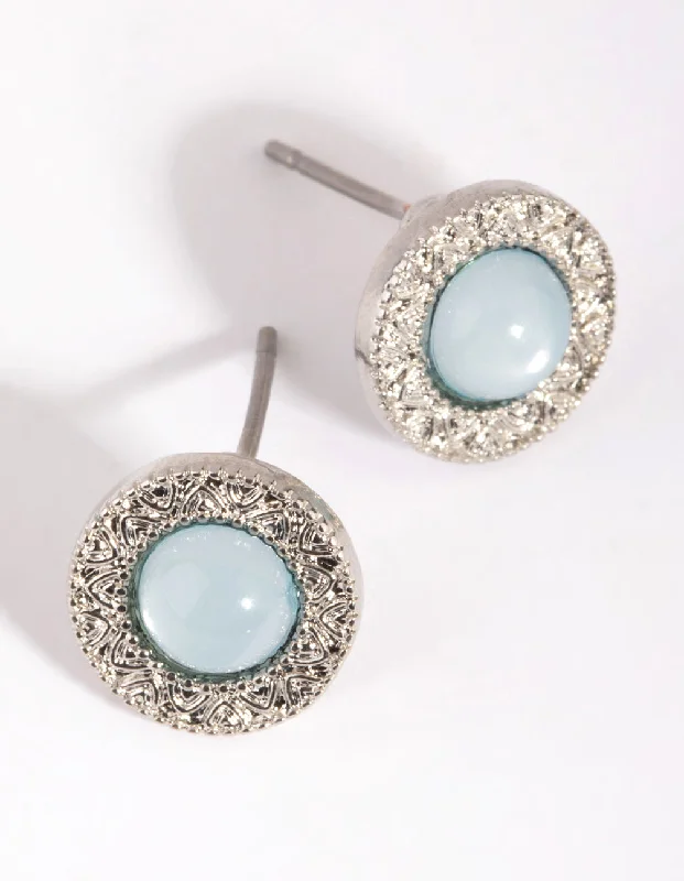 Thick tier earrings-Blue Etched Stone Round Earrings