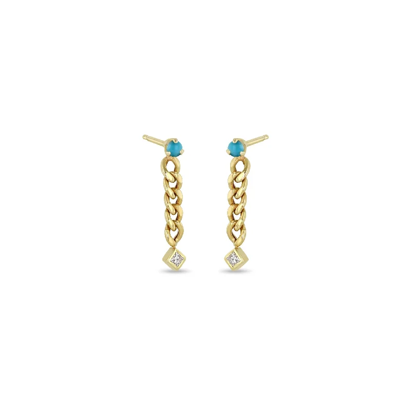 Tiny star earrings-14k Prong Turquoise & Princess Diamond Small Curb Chain Drop Earrings