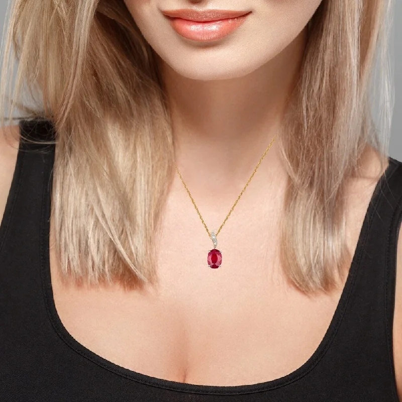 Light wood necklaces-Viducci 10k Yellow Gold Genuine Oval Ruby and Diamond Pendant Necklace