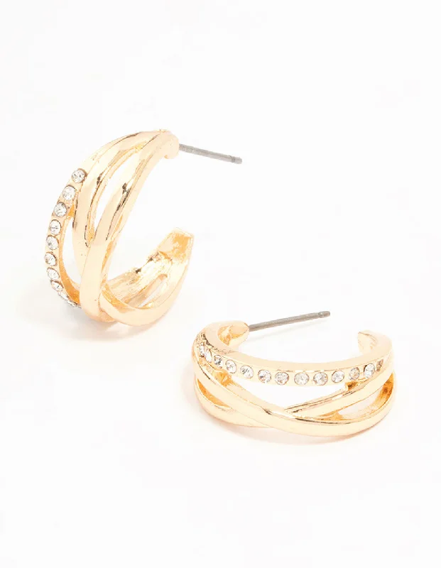 Astro charm earrings-Gold Diamante Twisted Hoop Earrings