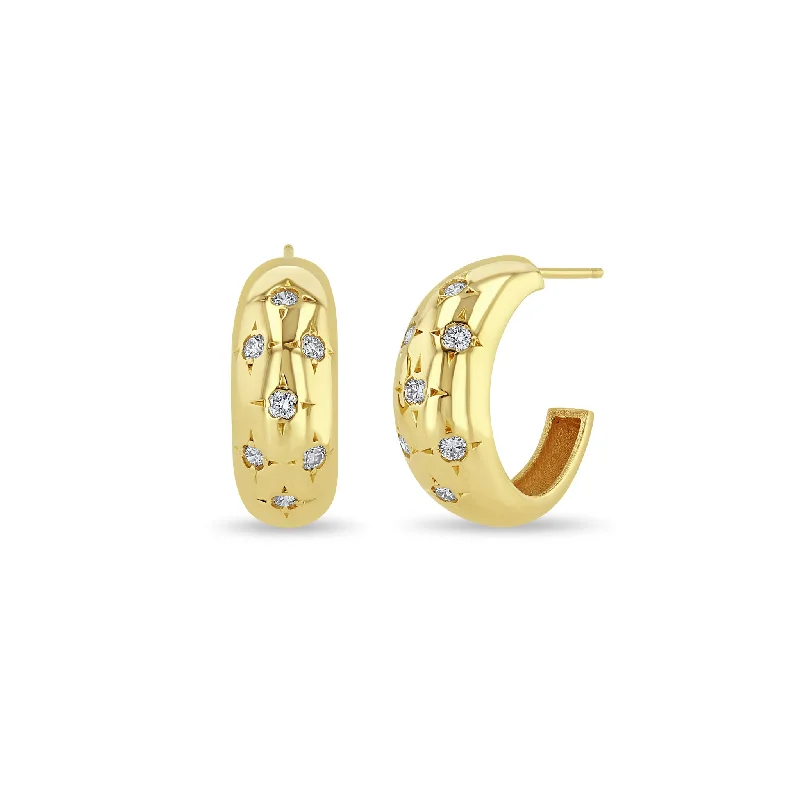 Surf theme earrings-14k Scattered Star Set Diamonds Medium Aura Hoops