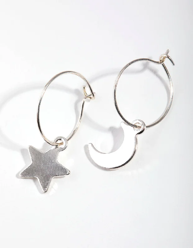 Bead weave earrings-Silver Star Moon Huggie Earrings