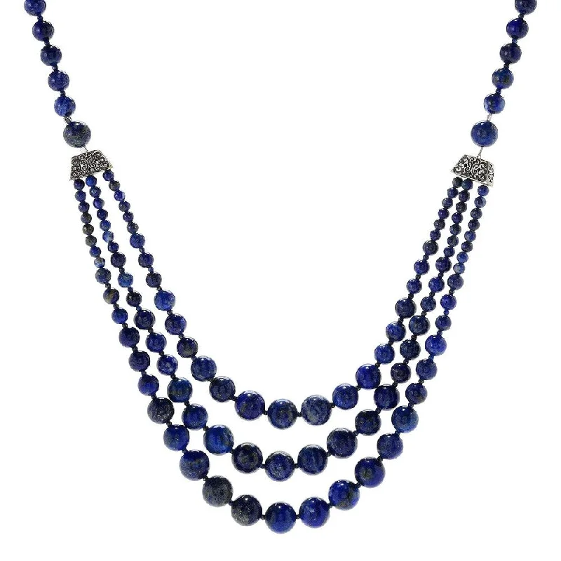 Silk fringe necklaces-Sterling Silver 29" Lapis lazuli Beaded 3-Strand Necklace