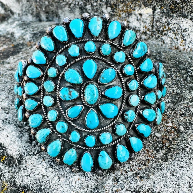 Woven cord bangles-Vintage Zuni Sterling Silver Petit Point Turquoise Rosette Bracelet