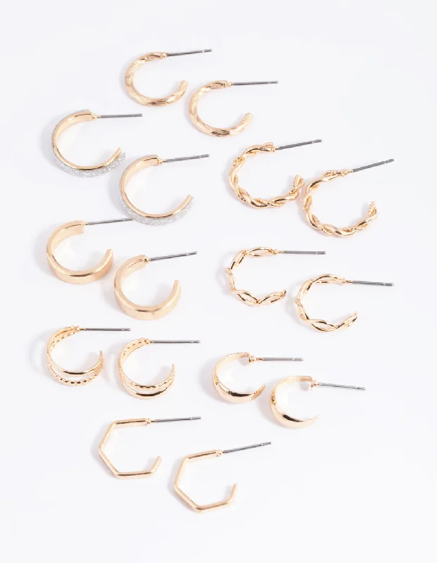 Tiny wing earrings-Gold Glittered & Textured Hoop Earring 8-Pack