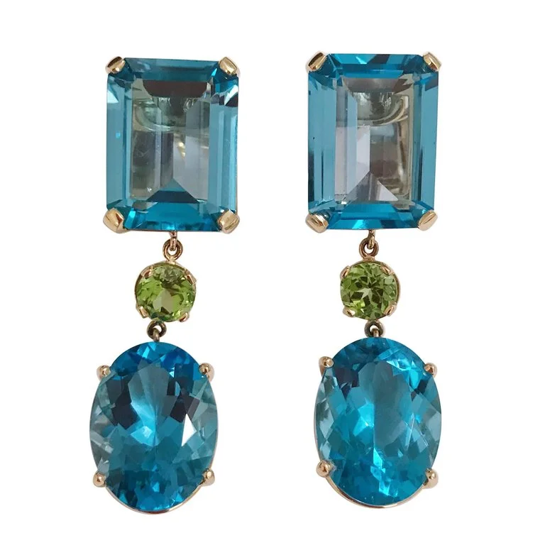 Silk fringe earrings-Yellow Gold Geometric Drop Earring with Blue Topaz and Peridot