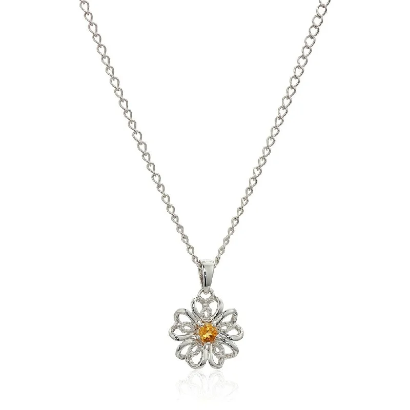 Spinel necklaces-Sterling Silver Citrine Black Flower Pendant Necklace, 18" - Yellow