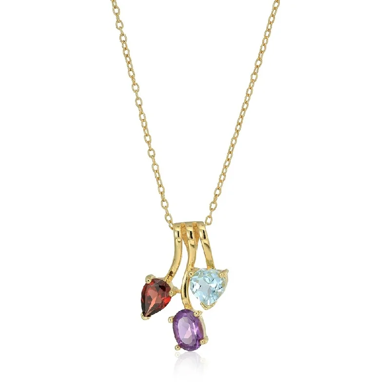 Wide bib necklaces-Yellow Gold-plated Silver 2 cttw Garnet, Amethyst, and Blue Topaz Pendant Necklace, 18"