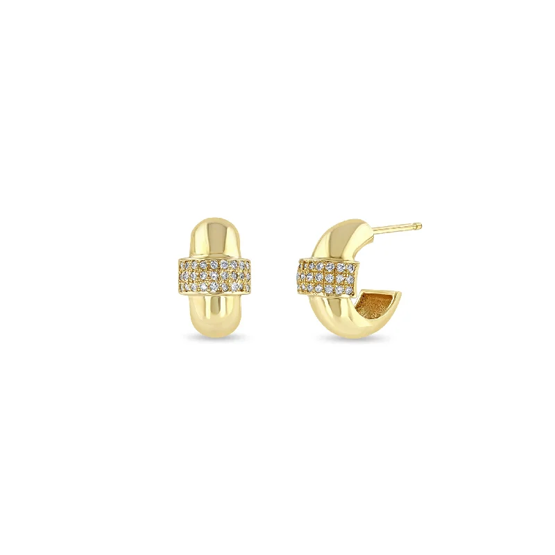 Swirl shape earrings-14k 3 Pavé Diamond Row Door Knocker Huggie Hoops