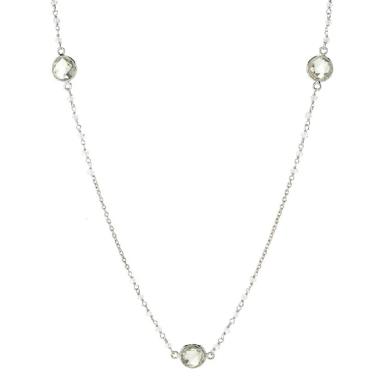 Multi-layer necklaces-Sterling Silver 36" 10mm Green Amethyst & Rainbow Moonstone Station Necklace