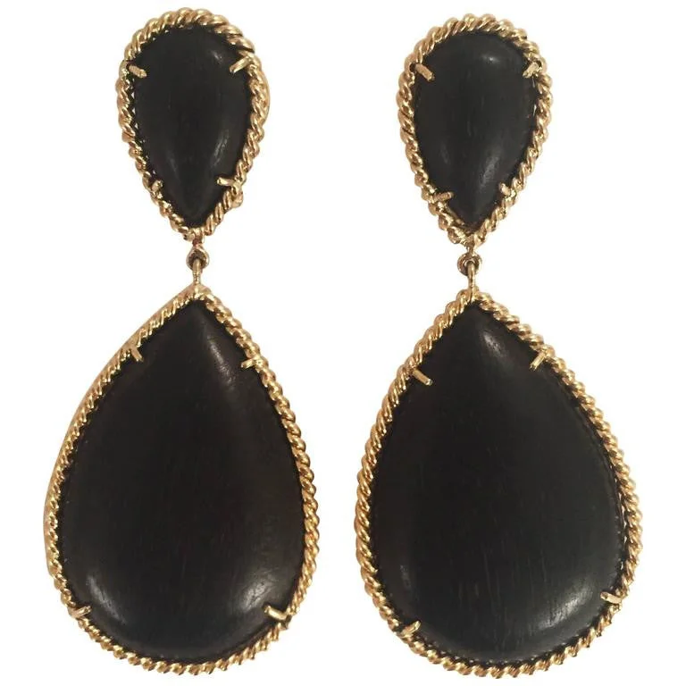 Thin hoop earrings-Elegant Ebony Wood Drop Earring with Twisted Gold Border