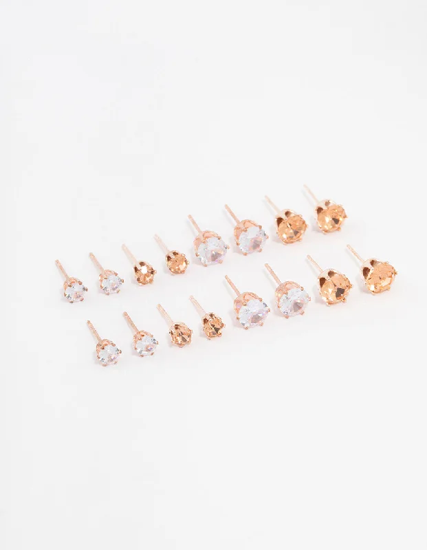 Subtle dangle earrings-Rose Gold Basic Diamante Stud Earrings 8-Pack