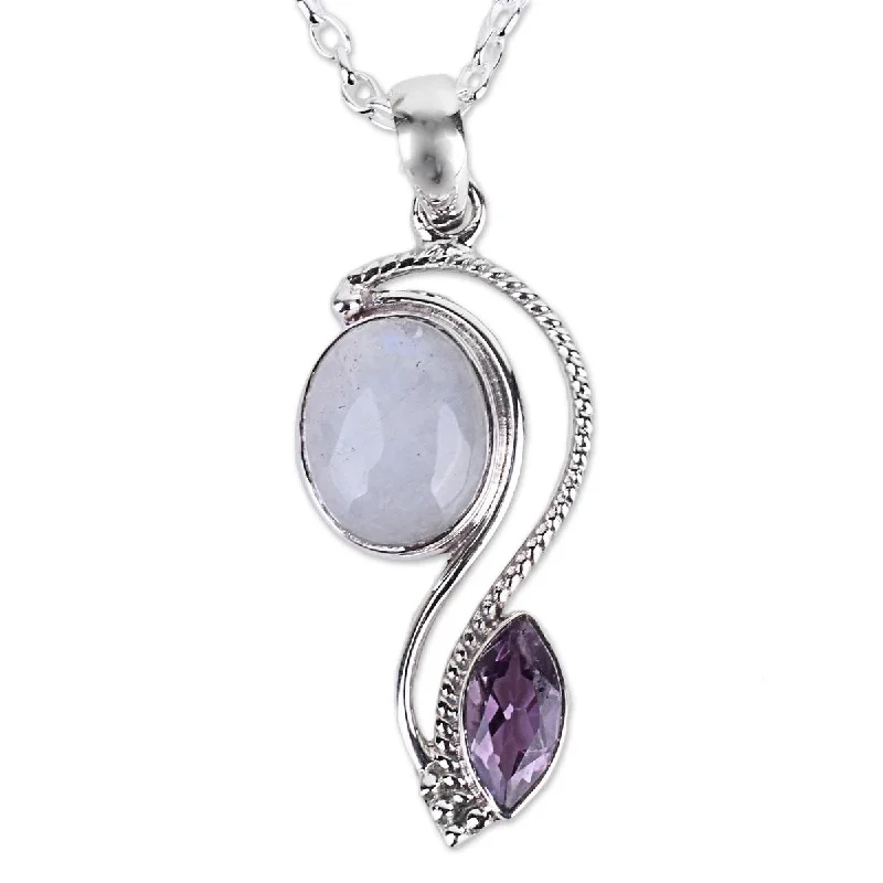 Wide chain necklaces-Handmade Sterling Silver 'Colorful Curves' Amethyst Rainbow Moonstone Necklace (India)