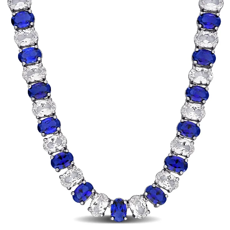 Light wood necklaces-Miadora 71 1/4ct TGW Created Blue White Sapphire Tennis Necklace in Sterling Silver