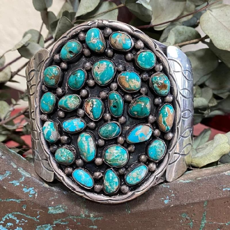 Multi-bead bangles-Huge Vintage Navajo Turquoise Cluster Bracelet Sterling Silver