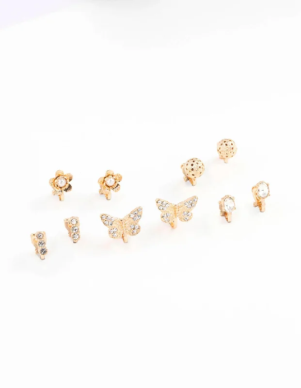 Silk tassel earrings-Gold Diamante Butterfly Diamante Clip On Earring 8-Pack