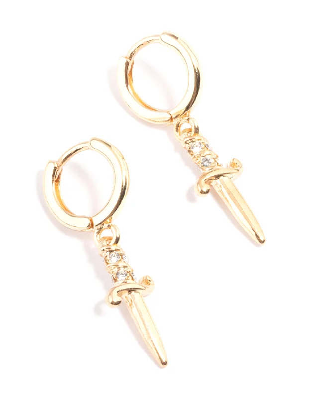 Square stud earrings-Gold Dagger Cross Huggie Earrings