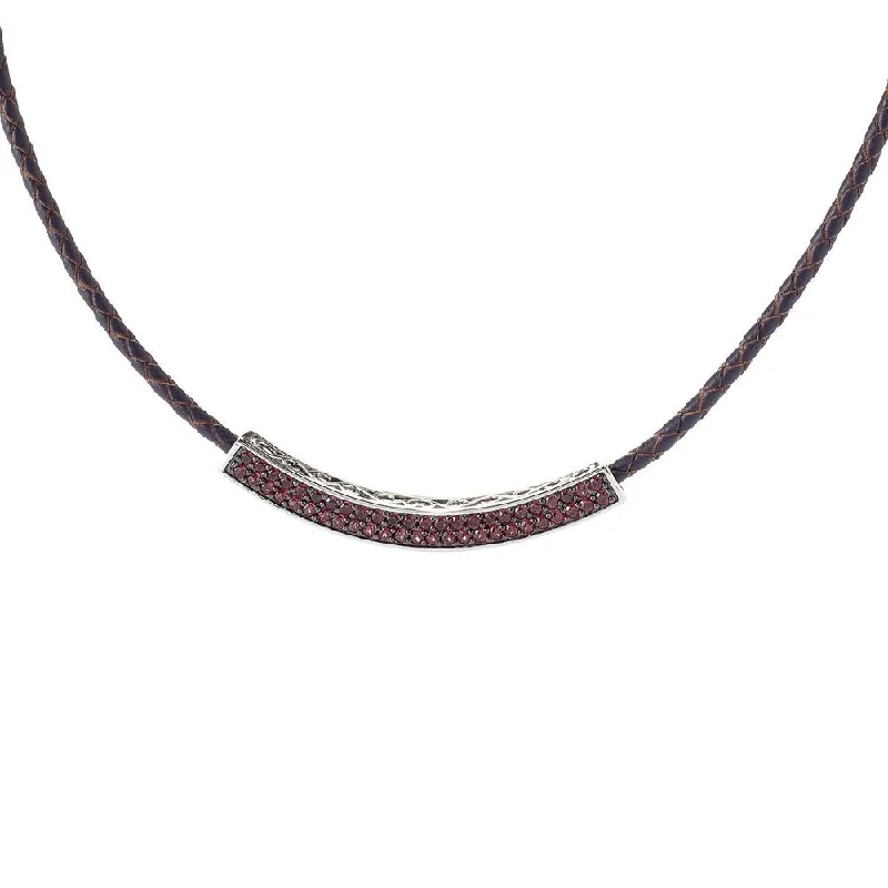 Victorian style necklaces-Platinum over Sterling Silver Gemstone Curved Braided Leather Necklace