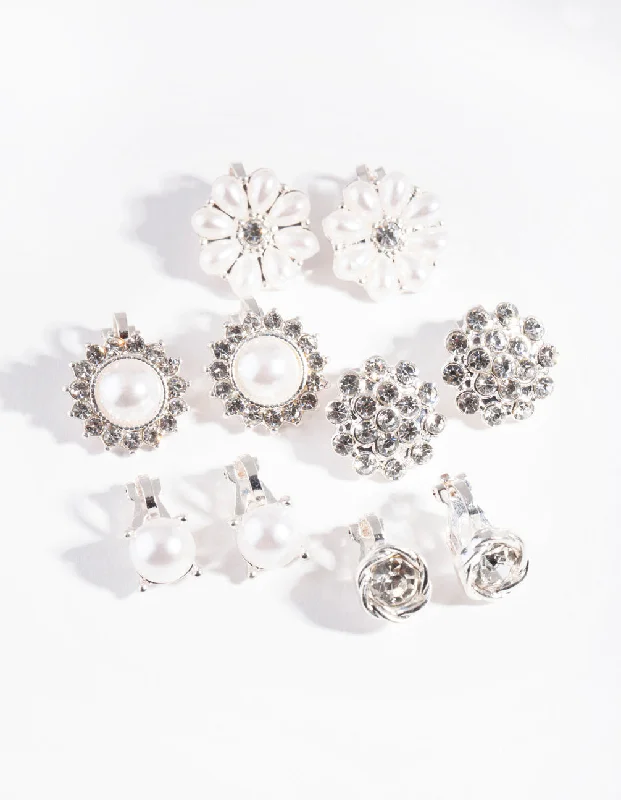 Flat knot earrings-Silver Pearl Flower Clip-On Earring 5-Pack