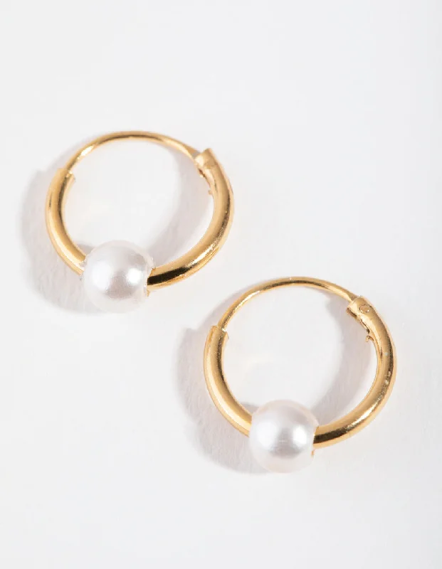 Vibrant enamel earrings-Gold Plated Sterling Silver Pearl Beaded Hoop Earrings