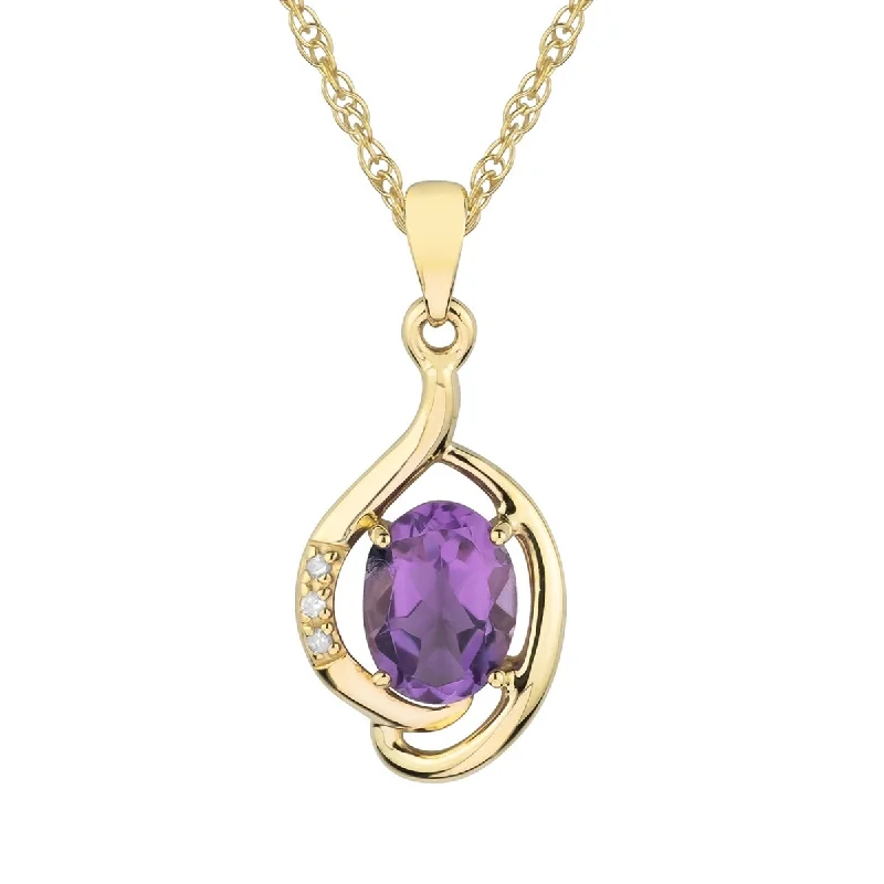 Linen cord necklaces-Viducci 10k Yellow Gold Genuine Oval Amethyst and Diamond Pendant Necklace