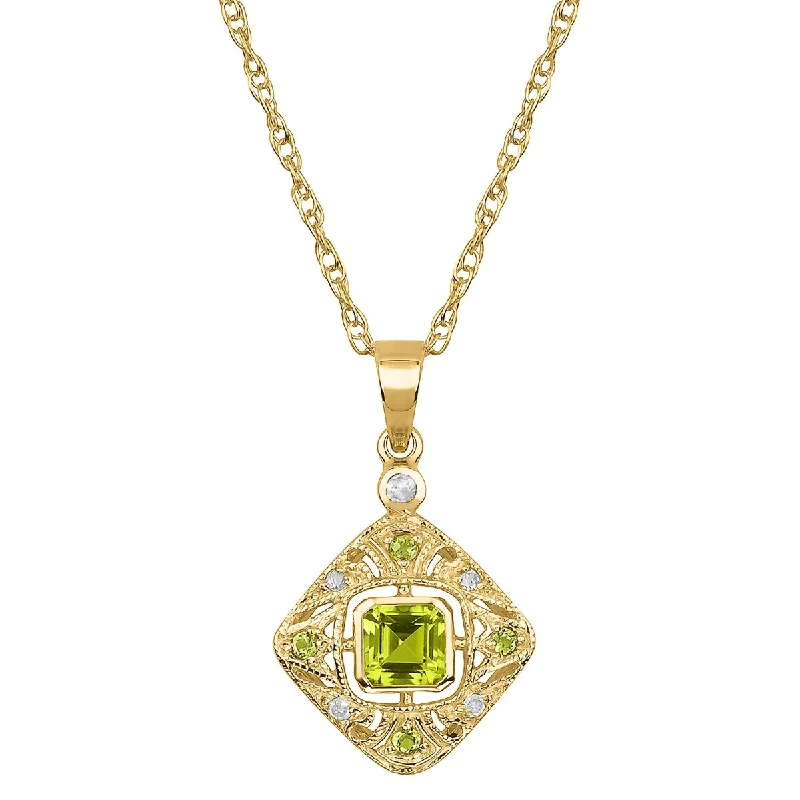 Rope braid necklaces-Viducci 10k Yellow Gold Vintage Style Genuine Peridot and Diamond Necklace