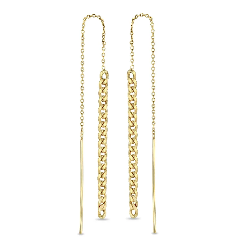 Flat badge earrings-14k Gold Small Curb Chain Drop Threaders