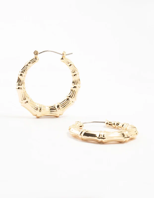 Thin pearl earrings-Gold Bamboo Hoop Earrings