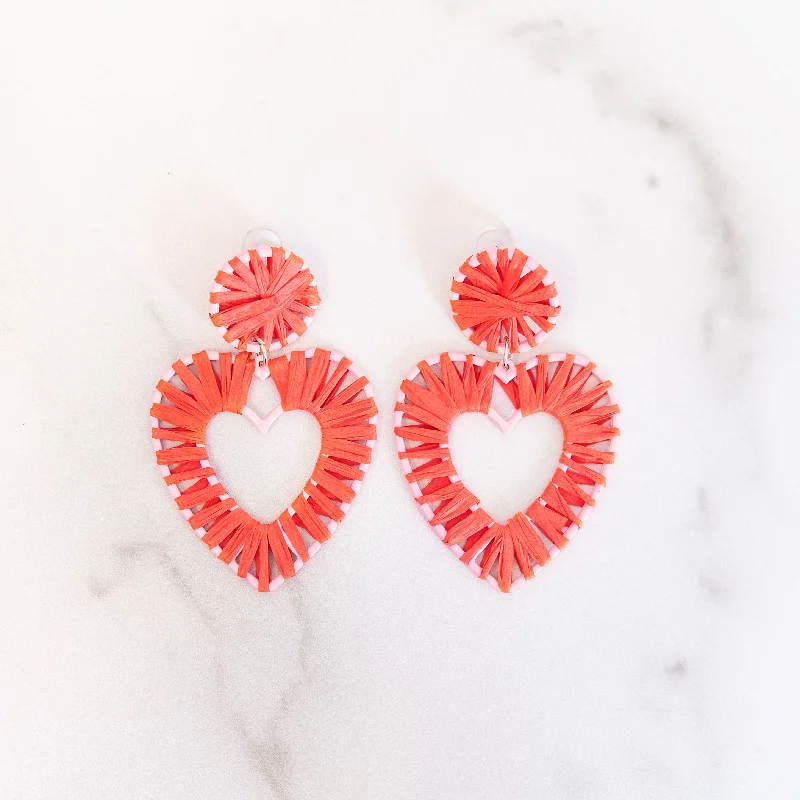 Trekker feather earrings-Red Raffia Heart Earrings