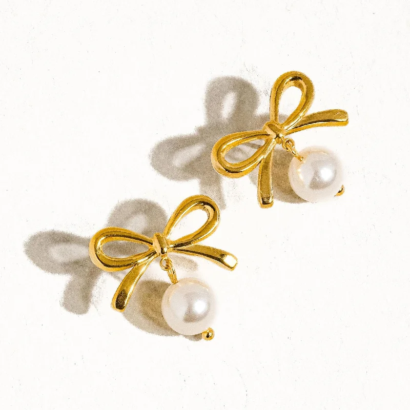 Bead weave earrings-Aleah Gold Non-Tarnish Bow Pearl Earring