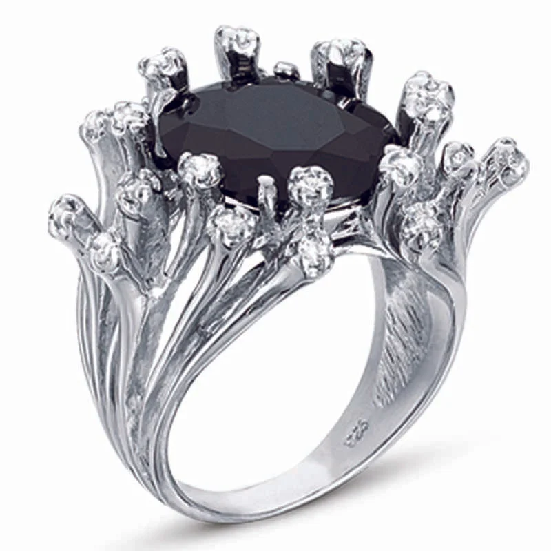 Luxe diamond engagement rings-STERLING SILVER RING WITH BLACK CENTER CZ STONE