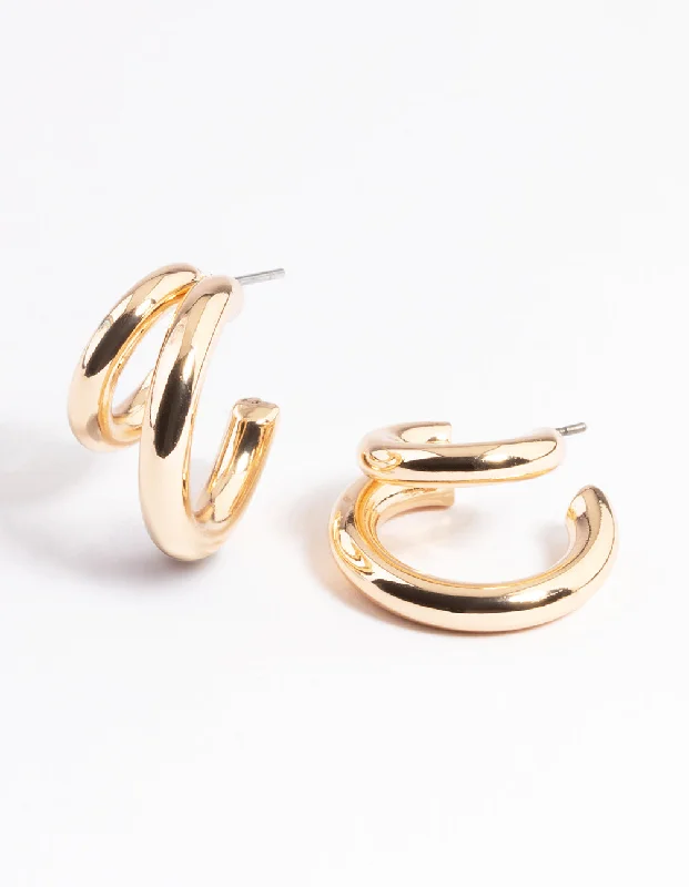 Trekker braid earrings-Gold Double Hoop Huggie Earrings