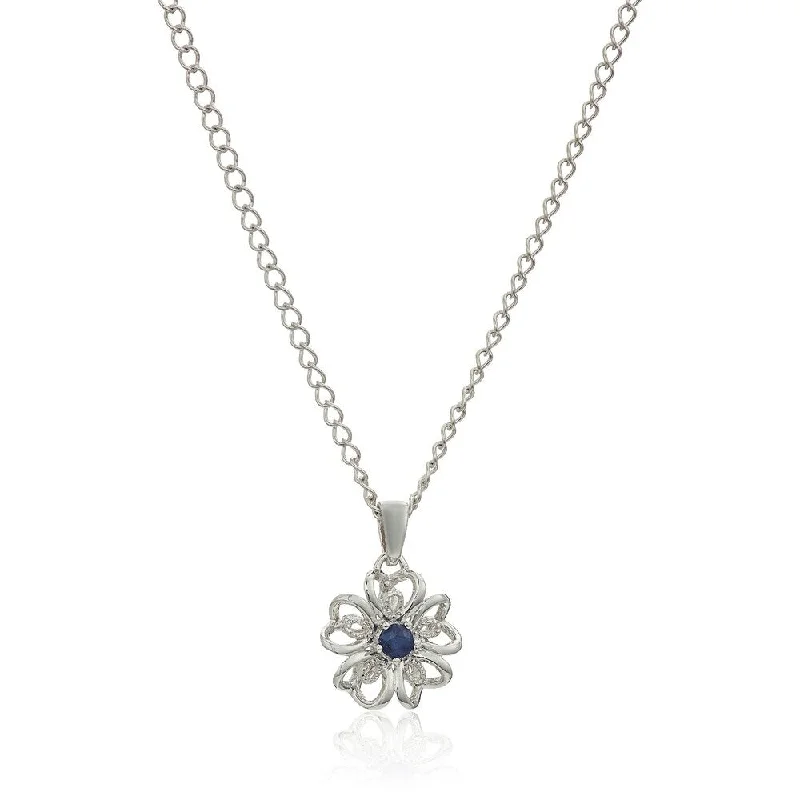 Secure clasp necklaces-Sterling Silver Blue Sapphire Black Flower Pendant Necklace, 18"